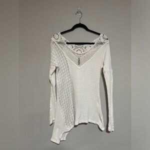 XCVI Ivory Crocheted Asymmetrical Hem Sweater Size Small Boho Chic Cottagecore